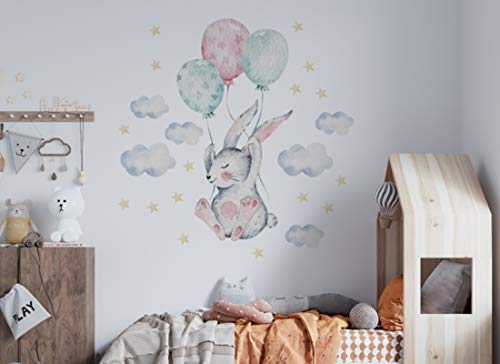 Wandtattoo Hase mit Luftballons I Wolken Kinderbilder Junge Kinderzimmer Mädchen Aufkleber Osomhome os8869 (125x130cm) von Osomhome