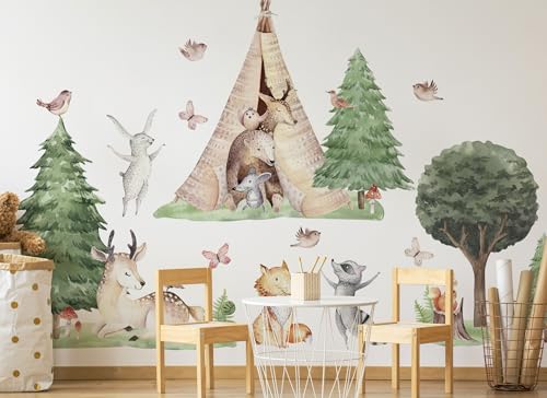 Wandtattoo Waldtiere I Blätter Giraffe Fuchs Vogel Kaninchen Wald Kinderbilder Junge Kinderzimmer Mädchen Aufkleber Osomhome os3611 (190x100cm) von Osomhome