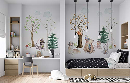 Wandtattoo Waldtiere I Blätter Reh Bär Vogel Kaninchen Wald Kinderbilder Junge Kinderzimmer Mädchen Aufkleber Osomhome os3615 (380x210cm) von Osomhome