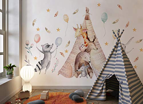 Osomhome Wandtattoo Waldtiere I Feder Sterne Hase Waschbär Kinderbilder Junge Kinderzimmer Mädchen Aufkleber os8815 (235x150cm) von Osomhome