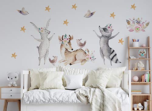 Wandtattoo Waldtiere I Reh Hase Waschbär Vögel Sterne Kinderbilder Junge Kinderzimmer Mädchen Aufkleber Osomhome os8864 (145x115cm) von Osomhome