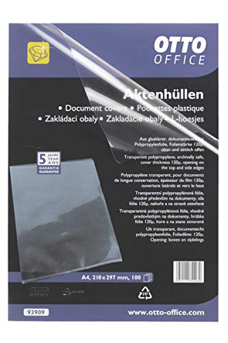 Sichthüllen transparente, dokumentenechte PP-Folie 120µm, 100 Stück für DIN A4, oben und seitlich offen von Otto Office