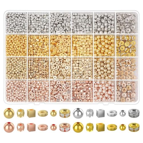 Otueidnsy 3820 Stück Goldperlen für die Schmuckherstellung, Verschiedene Armbandperlen, Strass-Abstandsperlen, Flache Perlen, Kleine Goldperlen, Langlebig, Einfache Installation, Einfach zu Verwenden von Otueidnsy