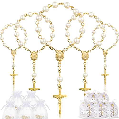 50 Packungen Taufe Gastgeschenke Set Taufe Rosenkranz Acryl Rosenkranz Perlen Kunstperlen mit Organzabeutel und Kreuz Geschenkboxen mit Bänder für Hochzeit Mitgebsel (Gold Perlen Armband) von Otuuz