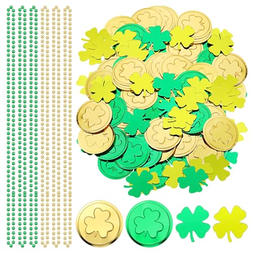 Otuuz St. Patrick's Day Tischdekorationen 100 Stück Plastik Kleeblatt Glück Münzen 20 g Kleeblatt Konfetti Streudeko 6 Stück Gold Grün Perlenketten Glücksmünzen für Irische Party Mitgebsel von Otuuz