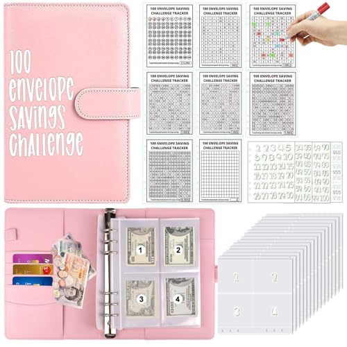 100 Umschläge Challenge Binder Geldspar-Brieftasche, Geldordner mit 100 Umschlägen und 8 Budgetkarten, Geldbudget-Ringbuch, Bargeldfüllung, Budget-Brieftasche, Planne für Schule, Zuhause (Rosa) von OuMaiFeng