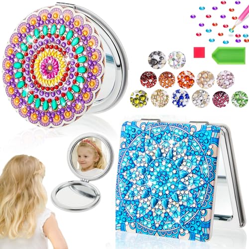 OuMaiFeng 2 DIY Bastelset Kinder Mädchen Geschenke ab 4 6 7 8 9 jahre Diamond Painting Spiegel Deko, Hängende 5D Diamant Malerei Kompakte Spiegel Mit Mandala Diamant Kunst Malerei Abdeckung von OuMaiFeng