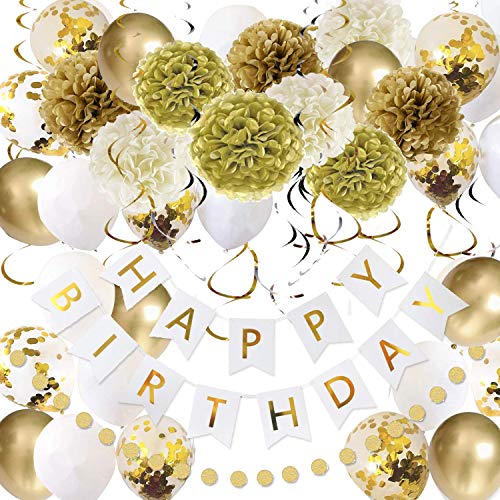 Gold and White Birthday Party Decorations Set, 49 Pack Happy Birthday Decorations including Tissue Paper Pom, Latex Balloon, Happy Birthday banner, Glitter Garlands, Hanging Swirls for Kids Girls Women Birthday Party Decor von OuMuaMua