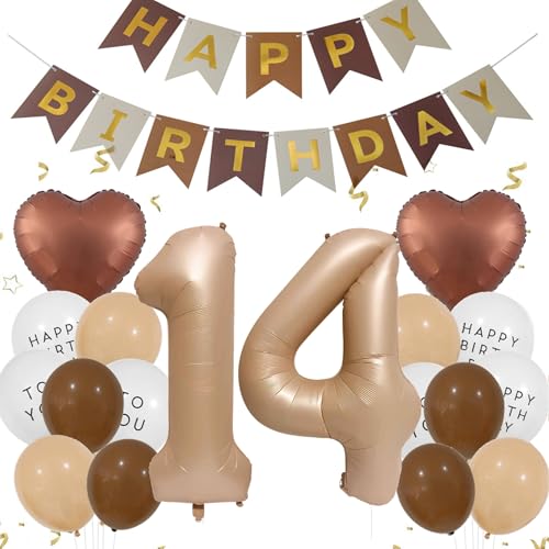 Luftballons 14. Geburtstag Mädchen Junge, Geburtstagsdeko 14 Jahre Braun, Aprikose Helium Ballon 14 Geburtstag Mädchen, Luftballons 14 Beige Braun Kaffee Ballon Happy Birthday Deko 14 Geburtstag Junge von Ouceanwin