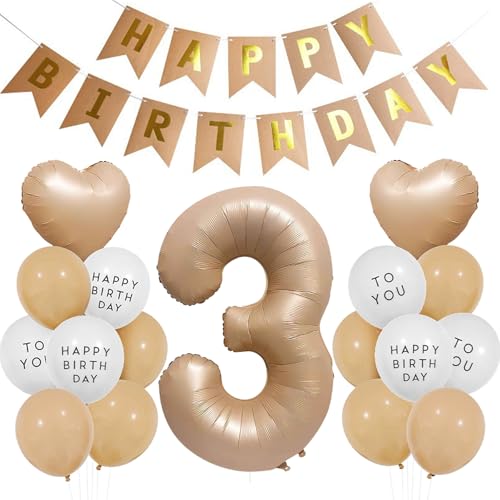 Luftballons 3. Geburtstag Mädchen Junge, Geburtstagsdeko 3 Jahre Braun, Aprikose Ballon 3 Geburtstag Junge Mädchen, Luftballons 3 Beige Braun Ballon Happy Birthday Deko 3 Geburtstag Neutral von Ouceanwin