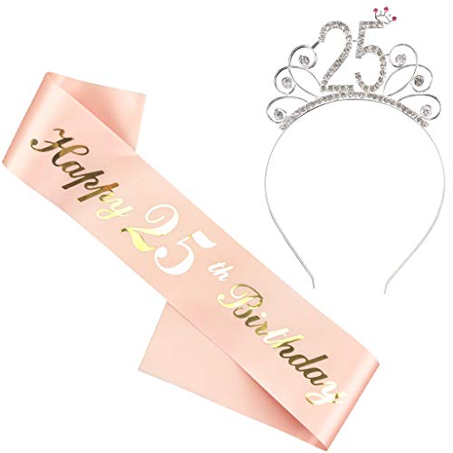 Ouceanwin 25. Geburtstags Krone Schärpe Junggesellinnenabschied Set, Kristall Geburtstag Tiara Krone Haarreif Stirnband mit Schärpe aus Satin für 25 Geburtstag Deko Geschenk Frau Party Accessoires von Ouceanwin