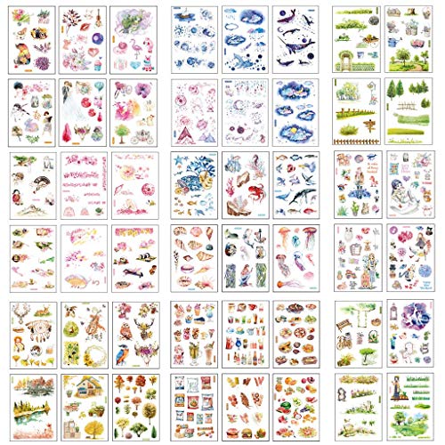 48 Blatt Scrapbooking Sticker Selbstklebend, Ouceanwin Washi Paper Deko Stickers Reisen Blumen Pflanze Wald Aufkleber für Fotoalbum Notizbuch Kalender Tagebuch Bullet Journal DIY Dekoration von Ouceanwin