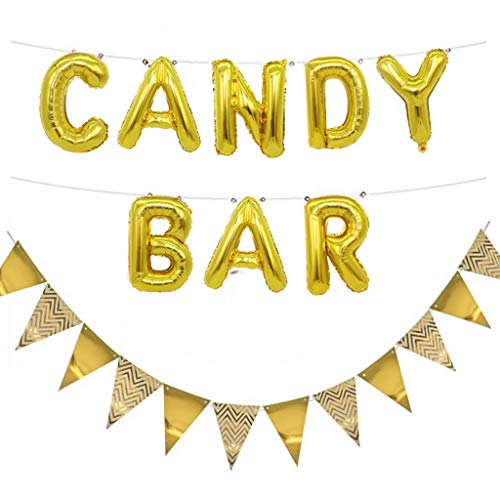 Ouceanwin Candy Bar Gold Dekoration Set, Folienballon Candy Bar Buchstaben Luftballons und 12pcs Glitter Wimpel Girlande Banner für Hochzeit Party Weihnachten Geburtstag Deco Event Supplies von Ouceanwin