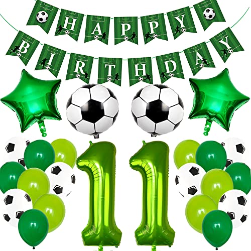 Ouceanwin Fußball 11. Geburtstag Deko Junge, Grün Luftballons Geburtstagsdeko 11 Jahre Jungen, Helium Ballon Fussball Deko mit Happy Birthday Girlande für 11 Jahre Kindergeburtstag Party Deko von Ouceanwin