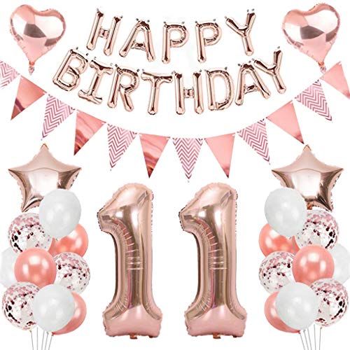 Ouceanwin Geburtstagsdeko 11 Jahre Mädchen, Rosegold Luftballon 11. Geburtstag Deko Set, Folienballon Zahl 11, Helium Ballon Happy Birthday Girlande für 11. Geburtstag Kinder Party Deko von Ouceanwin
