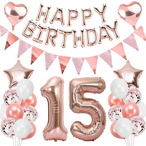 Ouceanwin Geburtstagsdeko 15 Jahre Mädchen, Rosegold Luftballon 15. Geburtstag Deko Set, Folienballon Zahl 15, Helium Ballon Happy Birthday Girlande für 15. Geburtstag Kinder Party Deko von Ouceanwin