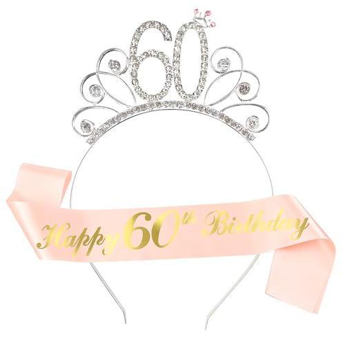 Ouceanwin Geburtstagskrone Schärpe Frau Deko Set, Kristall Tiara Krone 60. Geburtstag Frauen Deko Strass Haarreif Stirnband Geburtstag Geschenk für 60 Jahre Frau Geburtstag Party Deko von Ouceanwin