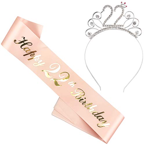 Ouceanwin Geburtstagskrone Schärpe Junggesellinnenabschied Set, Kristall Tiara Krone Haarreif Stirnband mit Schärpe aus Satin für 22 Geburtstag Mädchen Kinder Deko Accessoires Geschenk von Ouceanwin