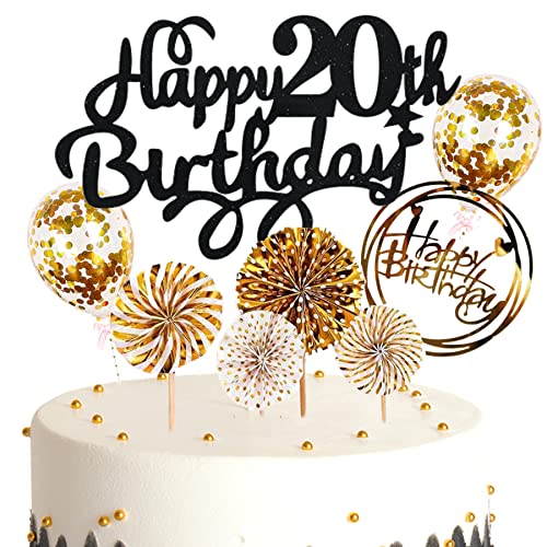 Ouceanwin Kuchendeko 20. Geburtstag Mann Frau, Glitter Tortendeko Geburtstag 20 Männer Kuchen Topper 20 Geburtstag Deko Cake Topper Happy Birthday Schwarz Gold für 20 Jahre Frau Geburtstagstorte Deko von Ouceanwin