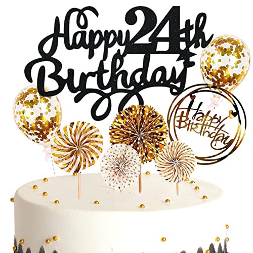 Ouceanwin Kuchendeko 24. Geburtstag Mann Frau, Glitter Tortendeko Geburtstag 24 Männer Kuchen Topper 24 Geburtstag Deko Cake Topper Happy Birthday Schwarz Gold für 24 Jahre Frau Geburtstagstorte Deko von Ouceanwin