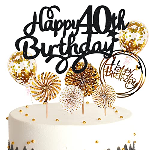 Ouceanwin Kuchendeko 40. Geburtstag Mann Frau, Glitter Tortendeko Geburtstag 40 Männer Kuchen Topper 40 Geburtstag Deko Cake Topper Happy Birthday Schwarz Gold für 40 Jahre Frau Geburtstagstorte Deko von Ouceanwin