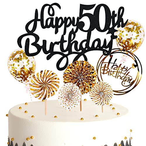 Ouceanwin Kuchendeko 50. Geburtstag Mann Frau, Glitter Tortendeko Geburtstag 50 Männer Kuchen Topper 50 Geburtstag Deko Cake Topper Happy Birthday Schwarz Gold für 50 Jahre Frau Geburtstagstorte Deko von Ouceanwin