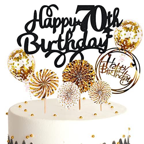 Ouceanwin Kuchendeko 70. Geburtstag Mann Frau, Glitter Tortendeko Geburtstag 70 Männer Kuchen Topper 70 Geburtstag Deko Cake Topper Happy Birthday Schwarz Gold für 70 Jahre Frau Geburtstagstorte Deko von Ouceanwin