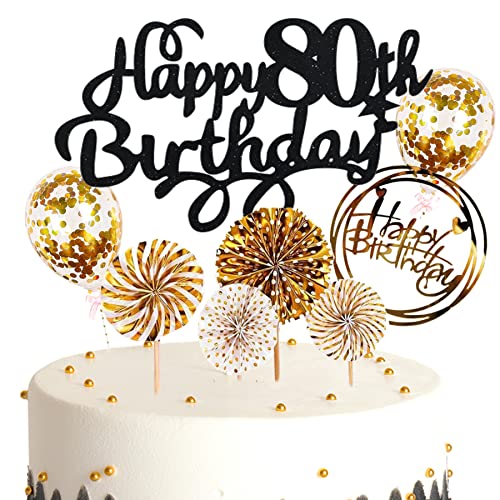 Ouceanwin Kuchendeko 80. Geburtstag Mann Frau, Glitter Tortendeko Geburtstag 80 Männer Kuchen Topper 80 Geburtstag Deko Cake Topper Happy Birthday Schwarz Gold für 80 Jahre Frau Geburtstagstorte Deko von Ouceanwin