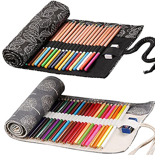 Ouceanwin Leinwand Pencil Wrap, 2 Stücke 36 Löcher Leinwand Stifterolle Tragbar Tasche Federmäppchen Schlamperrolle Stiftehalter Mäppchen Bleistiftkasten für Künstler Reisen Schule von Ouceanwin