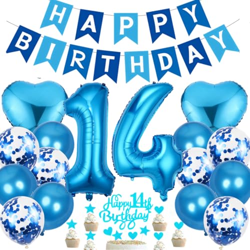 Ouceanwin Luftballon 14. Geburtstag Deko Junge, Geburtstagsdeko 14 Jahre Junge, Blau Cake Topper Happy 14th Birthday Deko 14. Geburtstag Junge, Ballons 14. Geburtstag Party Dekoration Set von Ouceanwin