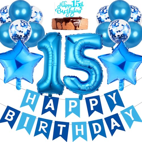 Ouceanwin Luftballon 15. Geburtstag Deko Junge, Geburtstagsdeko 15 Jahre Junge, Blau Cake Topper Happy 15th Birthday Deko 15. Geburtstag Junge, Ballons 15. Geburtstag Party Dekoration Set von Ouceanwin