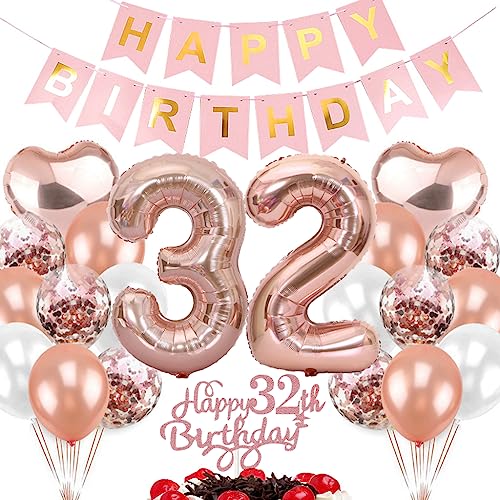 Ouceanwin 32. Geburtstag Dekoration, Luftballon 32. Geburtstag Frau Deko, Rosegold Geburtstagsdeko 32 Jahre Frauen, Happy Birthday Deko 32 Geburtstag Frauen, Tortendeko 32. Geburtstag Frauen von Ouceanwin