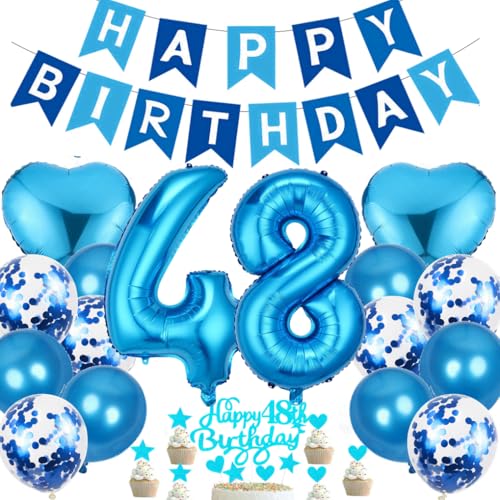 Ouceanwin Luftballon 48. Geburtstag Deko Mann, Geburtstagsdeko 48 Jahre Männer, Blau Tortendeko Happy 48th Birthday Deko 48. Geburtstag Mann, Blau Ballons 48. Geburtstag Party Dekoration Set von Ouceanwin