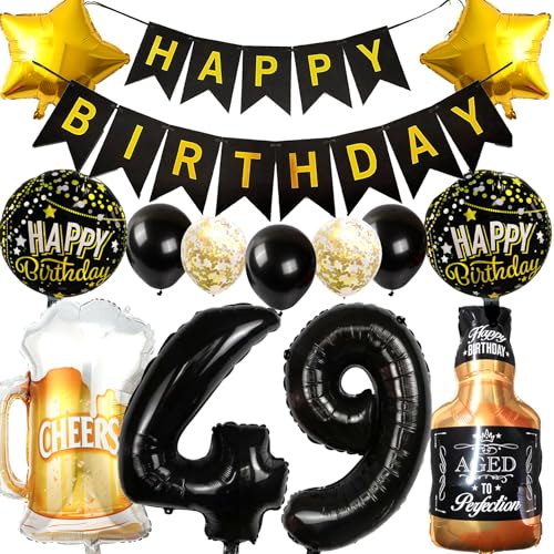 Ouceanwin Luftballon 49. Geburtstag Deko Männer Frauen, Schwarz Gold Geburtstagsdeko 49 Jahre Mann Frau, Folienballon Weinflasche Bier Deko Helium Ballon Whisky für 49 Jahre Geburtstag Party Deko von Ouceanwin