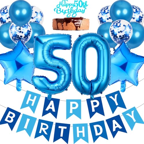 Ouceanwin Luftballon 50. Geburtstag Deko Mann, Geburtstagsdeko 50 Jahre Männer, Blau Tortendeko Happy 50th Birthday Deko 50. Geburtstag Mann, Blau Ballons 50. Geburtstag Party Dekoration Set von Ouceanwin