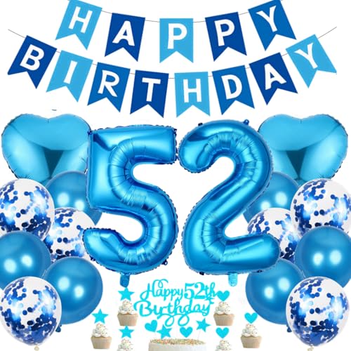 Ouceanwin Luftballon 52. Geburtstag Deko Mann, Geburtstagsdeko 52 Jahre Männer, Blau Tortendeko Happy 52th Birthday Deko 52. Geburtstag Mann, Blau Ballons 52. Geburtstag Party Dekoration Set von Ouceanwin
