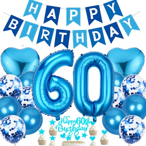 Ouceanwin Luftballon 60. Geburtstag Deko Mann, Geburtstagsdeko 60 Jahre Männer, Blau Tortendeko Happy 60th Birthday Deko 60. Geburtstag Mann, Blau Ballons 60. Geburtstag Party Dekoration Set von Ouceanwin