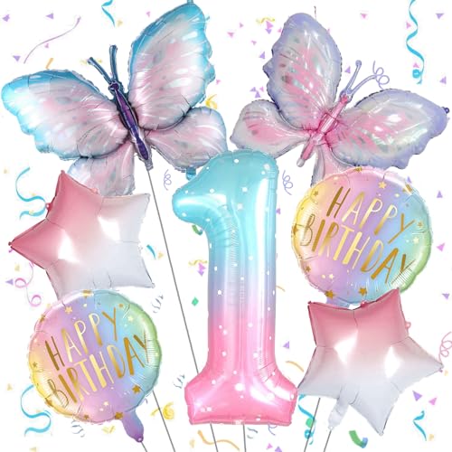 Ouceanwin Schmetterling Deko Geburtstag 1 Jahr Mädchen, Bunt Helium Ballons Schmetterling Geburtstagsdeko 1 Jahr Mädchen, Folienballon Schmetterling 1. Geburtstag Mädchen Schmetterling Party Deko von Ouceanwin