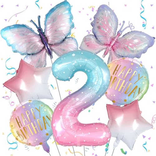 Ouceanwin Schmetterling Deko Geburtstag 2 Jahre Mädchen, Bunt Helium Ballons Schmetterling Geburtstagsdeko 2 Jahre Mädchen, Folienballon Schmetterling 2. Geburtstag Mädchen Schmetterling Party Deko von Ouceanwin