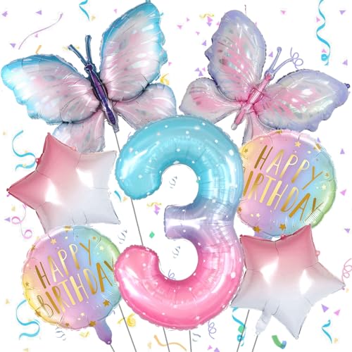 Ouceanwin Schmetterling Deko Geburtstag 3 Jahre Mädchen, Bunt Helium Ballons Schmetterling Geburtstagsdeko 3 Jahre Mädchen, Folienballon Schmetterling 3. Geburtstag Mädchen Schmetterling Party Deko von Ouceanwin