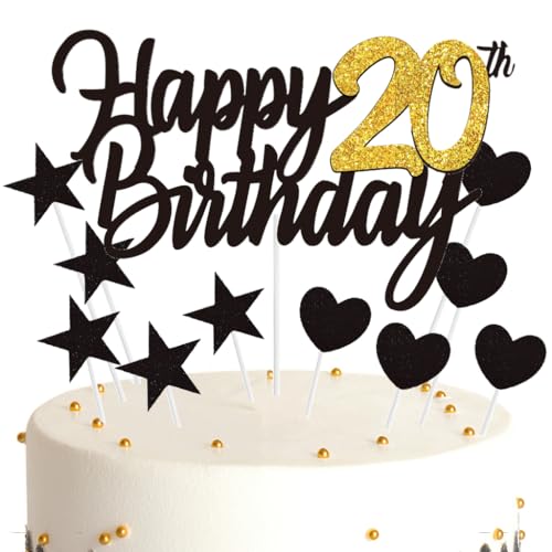 Ouceanwin Tortendeko 20 Geburtstag Frau Mann, Cake Topper Happy 20th Birthday Deko Schwarz Gold, Glitter Kuchendeko Geburtstag 20 Jahre Kuchen Topper 20. Geburtstag Frauen Männer von Ouceanwin