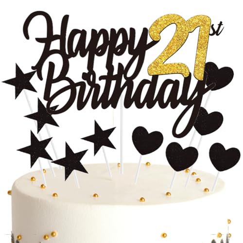 Ouceanwin Tortendeko 21 Geburtstag Frau Mann, Cake Topper Happy 21th Birthday Deko Schwarz Gold, Glitter Kuchendeko Geburtstag 21 Jahre Kuchen Topper 21. Geburtstag Frauen Männer von Ouceanwin