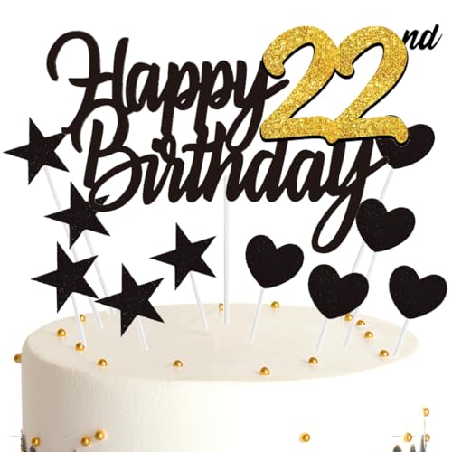 Ouceanwin Tortendeko 22 Geburtstag Frau Mann, Cake Topper Happy 22th Birthday Deko Schwarz Gold, Glitter Kuchendeko Geburtstag 22 Jahre Kuchen Topper 22. Geburtstag Frauen Männer von Ouceanwin