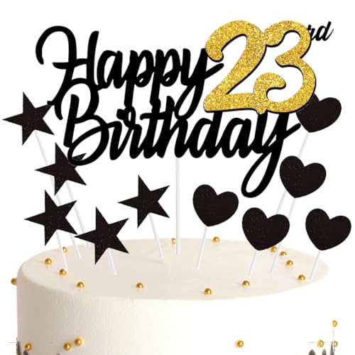 Ouceanwin Tortendeko 23 Geburtstag Frau Mann, Cake Topper Happy 23th Birthday Deko Schwarz Gold, Glitter Kuchendeko Geburtstag 23 Jahre Kuchen Topper 23. Geburtstag Frauen Männer von Ouceanwin