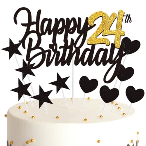 Ouceanwin Tortendeko 24 Geburtstag Frau Mann, Cake Topper Happy 24th Birthday Deko Schwarz Gold, Glitter Kuchendeko Geburtstag 24 Jahre Kuchen Topper 24. Geburtstag Frauen Männer von Ouceanwin