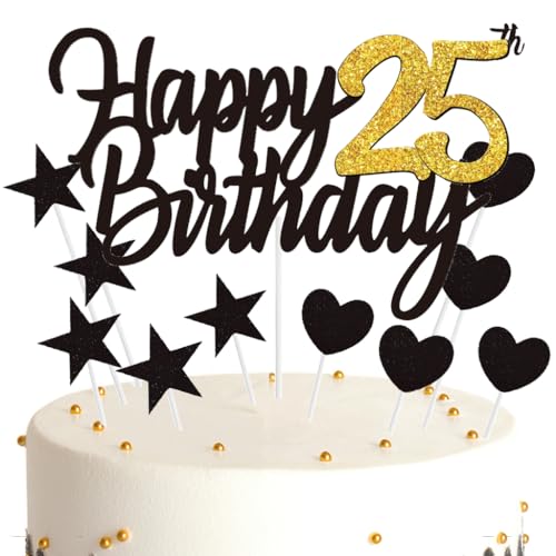 Ouceanwin Tortendeko 25 Geburtstag Frau Mann, Cake Topper Happy 25th Birthday Deko Schwarz Gold, Glitter Kuchendeko Geburtstag 25 Jahre Kuchen Topper 25. Geburtstag Frauen Männer von Ouceanwin