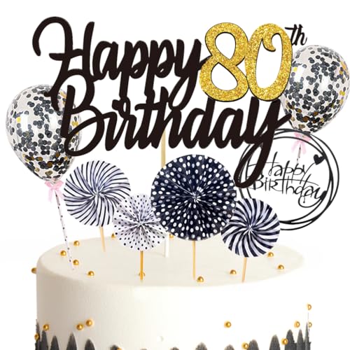 Ouceanwin Tortendeko 80. Geburtstag Frau Mann, Schwarz Kuchen Topper Happy 80th Birthday, Glitzer Kuchen Deko Geburtstag Junge 80 Jahre Cake Topper Geburtstag Deko 80 Jahre Frauen Männer von Ouceanwin