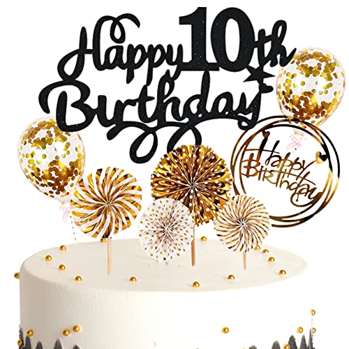 Ouceanwin Tortendeko Geburtstag 10 Mädchen, Glitter Kuchendeko 10. Geburtstag Junge Kuchen Topper 10 Geburtstag Deko Cake Topper Happy Birthday Schwarz Gold für 10 Jahre Kinder Geburtstagstorte Deko von Ouceanwin