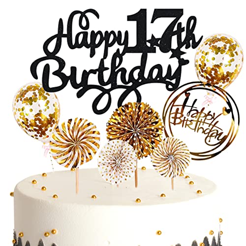 Ouceanwin Tortendeko Geburtstag 17 Mädchen, Glitter Kuchendeko 17. Geburtstag Junge Kuchen Topper 17 Geburtstag Deko Cake Topper Happy Birthday Schwarz Gold für 17 Jahre Kinder Geburtstagstorte Deko von Ouceanwin