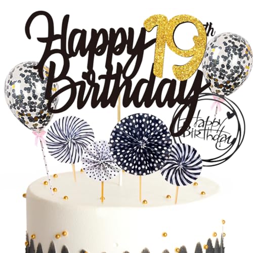 Ouceanwin Tortendeko 19. Geburtstag Mädchen Junge, Schwarz Kuchen Topper Happy 19th Birthday, Glitzer Kuchen Deko Geburtstag Junge 19 Jahre Cake Topper Geburtstag Deko 19 Jahre Mädchen Kinder von Ouceanwin